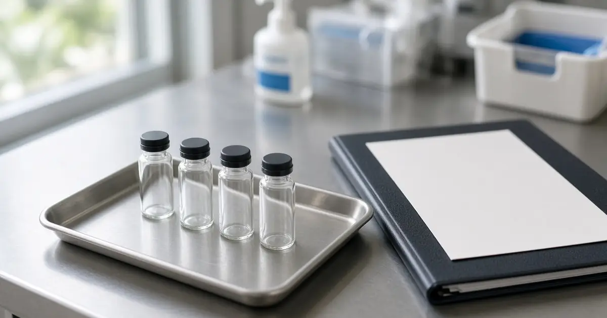 Four small clear glass vials with dark caps on a steel tray next to a closed navy binder on a pharmacy workbench in soft window light.