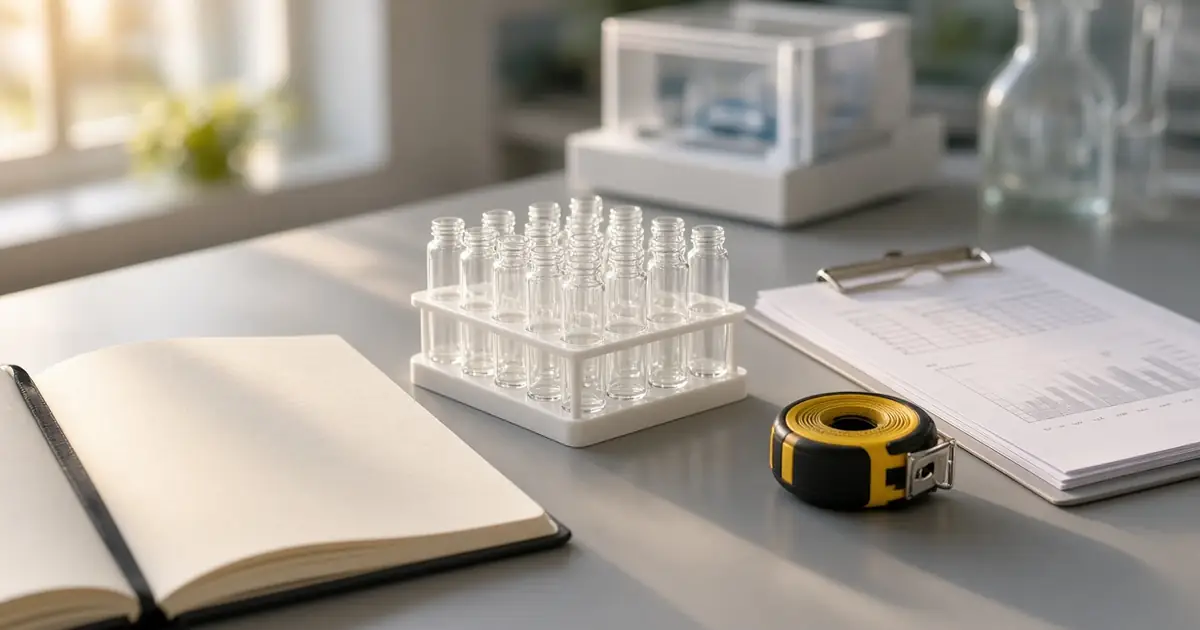 A rack of small clear glass vials, an open blank notebook, a yellow tape measure and a clipboard of charts on a sunlit laboratory bench.