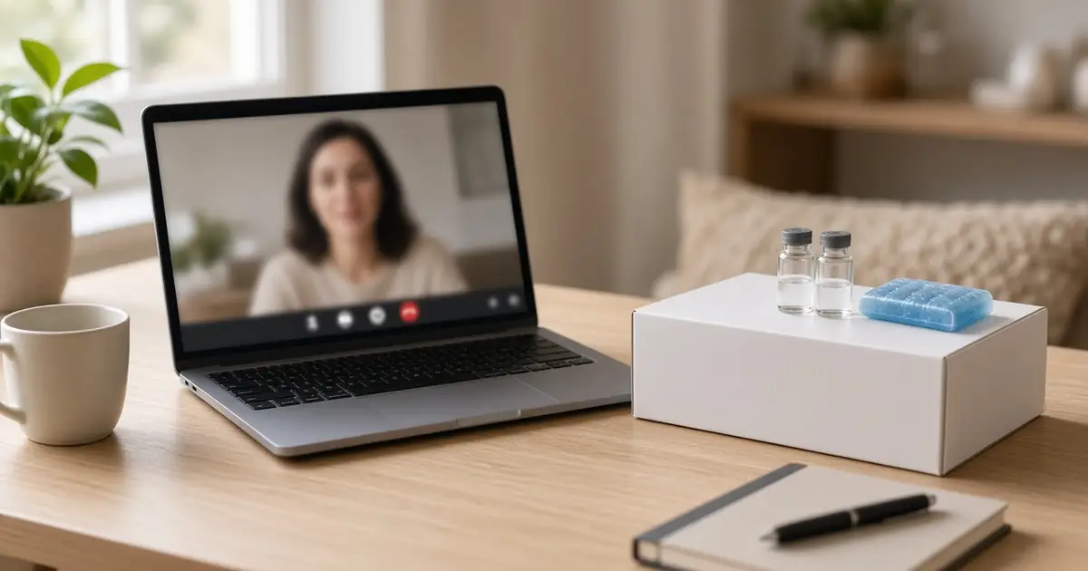 A laptop showing a blurred video call on a wooden desk next to a plain white box topped with two small clear vials and a blue cold pack.