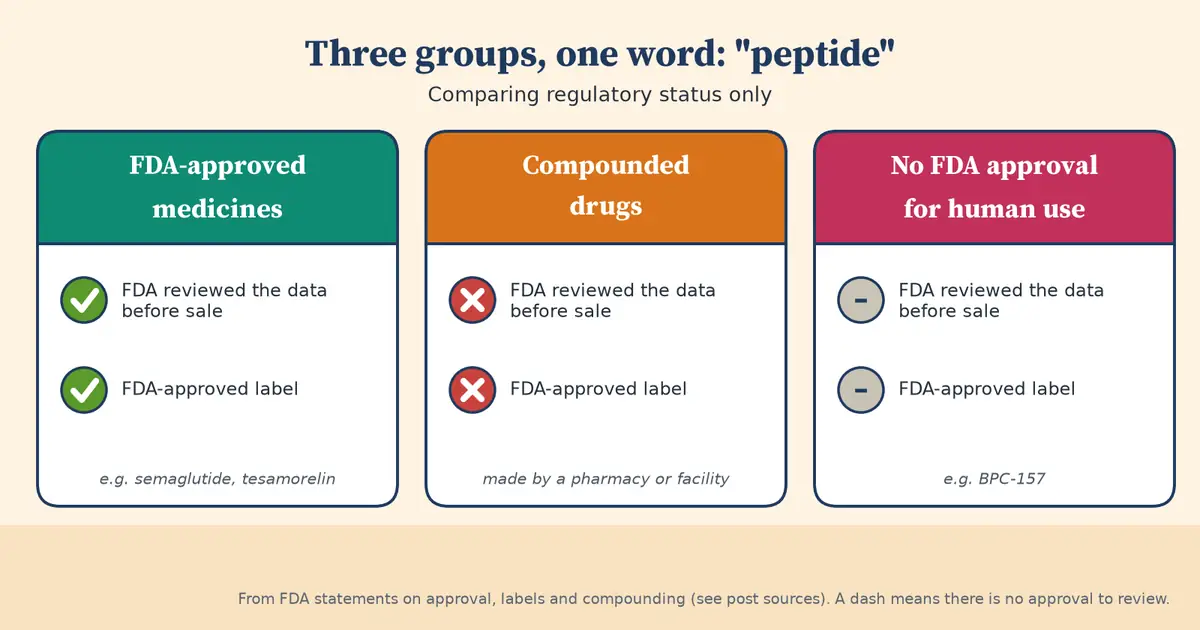 Three side-by-side cards comparing regulatory status: FDA-approved medicines, compounded drugs, and substances with no FDA approval for human use, each with check, cross or dash marks for FDA review before sale and an FDA-approved label.
