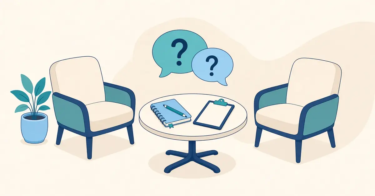 Illustration of two empty armchairs facing each other across a small table with a notebook and clipboard, two speech bubbles with question marks and a plant.