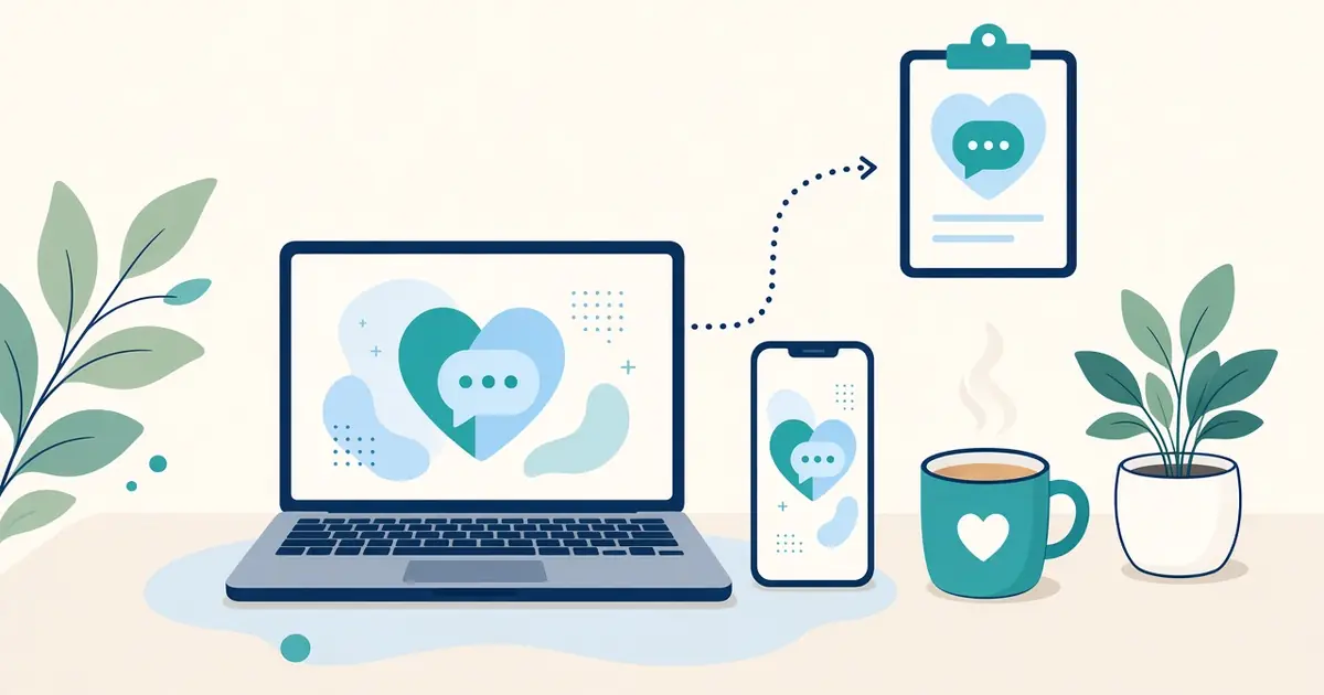Illustration of a laptop and a phone showing a heart and chat bubble, a clipboard, a mug of tea and a plant on a desk.
