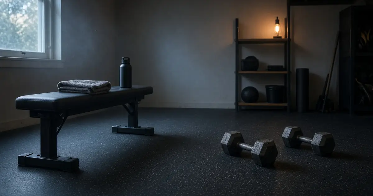 An empty home gym in cool morning light: a flat bench with a folded towel and a plain dark water bottle, two dumbbells on a rubber floor and a small lamp glowing on a shelf.