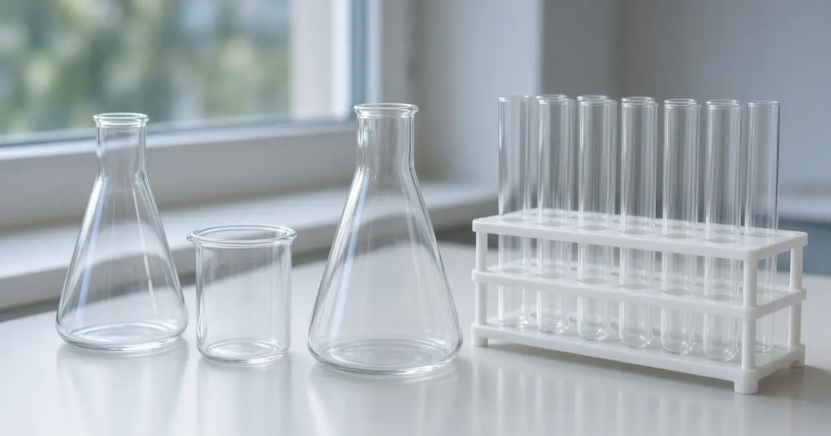 Empty clear glass flasks, a beaker and a rack of empty test tubes on a pale bench beside a window.