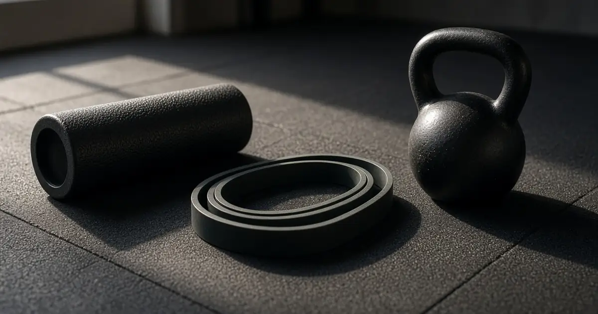 A foam roller, a looped resistance band and a kettlebell on dark rubber gym flooring in strong side light.