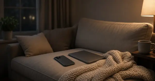 A sofa in warm evening lamp light with a plain phone lying face down, a closed laptop, a knitted blanket and a mug on a side table.