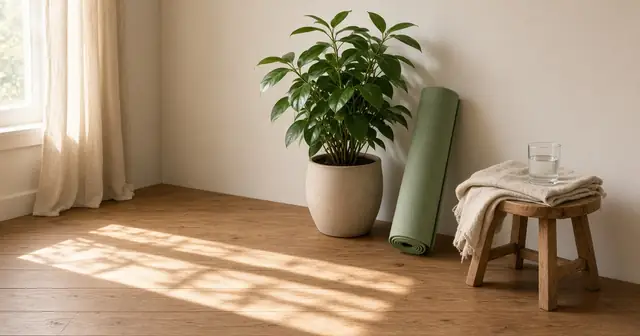 A sunlit living-room corner with a rolled green yoga mat beside a potted plant, a linen throw and a glass of water on a wooden stool.
