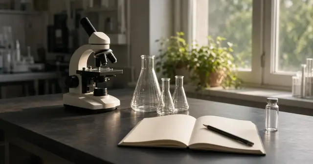 A laboratory bench in soft morning light by a window with plants: a white microscope, three empty glass flasks and a small closed glass bottle, and an open blank notebook with a pencil.