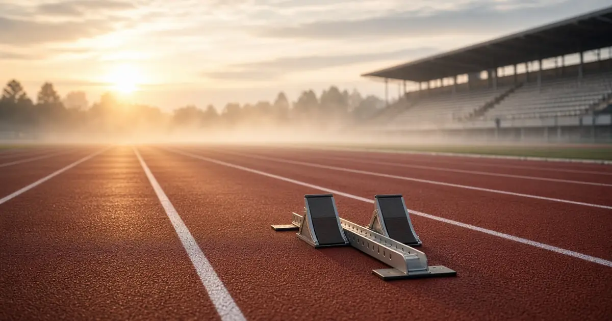 An empty running track at dawn, with mist, a low sun behind trees, empty grandstands and a pair of metal starting blocks on the red lanes.